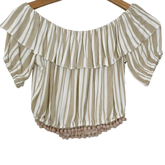 Lovers & Friends Alicia Striped Off The Shoulder Pom Pom Crop Top - Picture 8 of 9